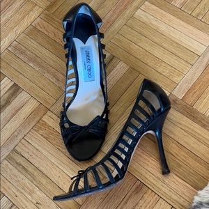Jimmy Choo black peep toe cut out sandals with bow